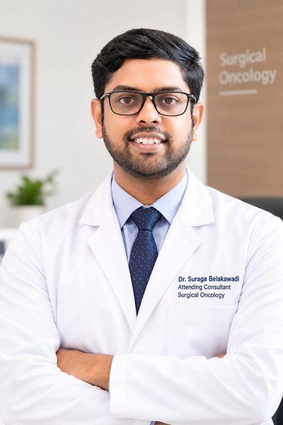 Dr. Suraga Belakawadi, surgical oncologist, in a white coat